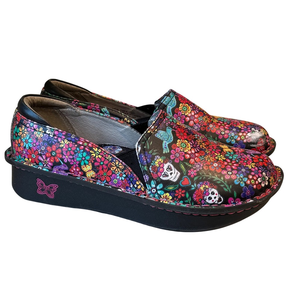 Alegria Debra Slip On Clogs Womens 37 Black Floral Sugar Skull Leather Work